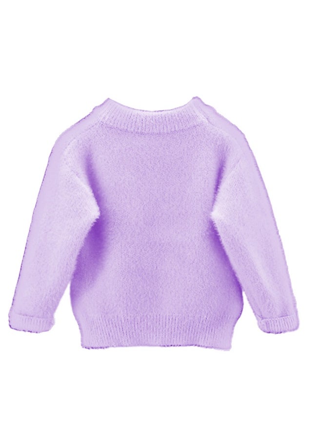 Purple with 3d Bunny Kids Cardigan Sweater, Round Neck
