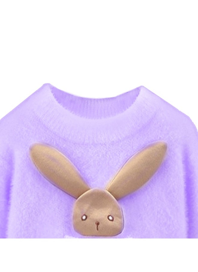 Purple with 3d Bunny Kids Cardigan Sweater, Round Neck