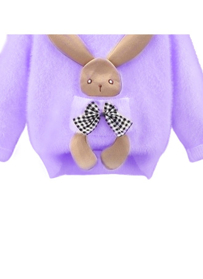 Purple with 3d Bunny Kids Cardigan Sweater, Round Neck