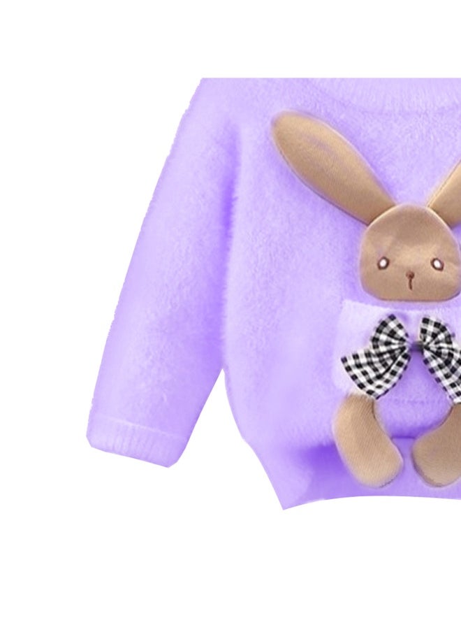 Purple with 3d Bunny Kids Cardigan Sweater, Round Neck