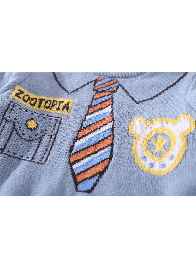 Light Blue, Little Man Tie Print Kids Cardigan Sweater, Round Neck