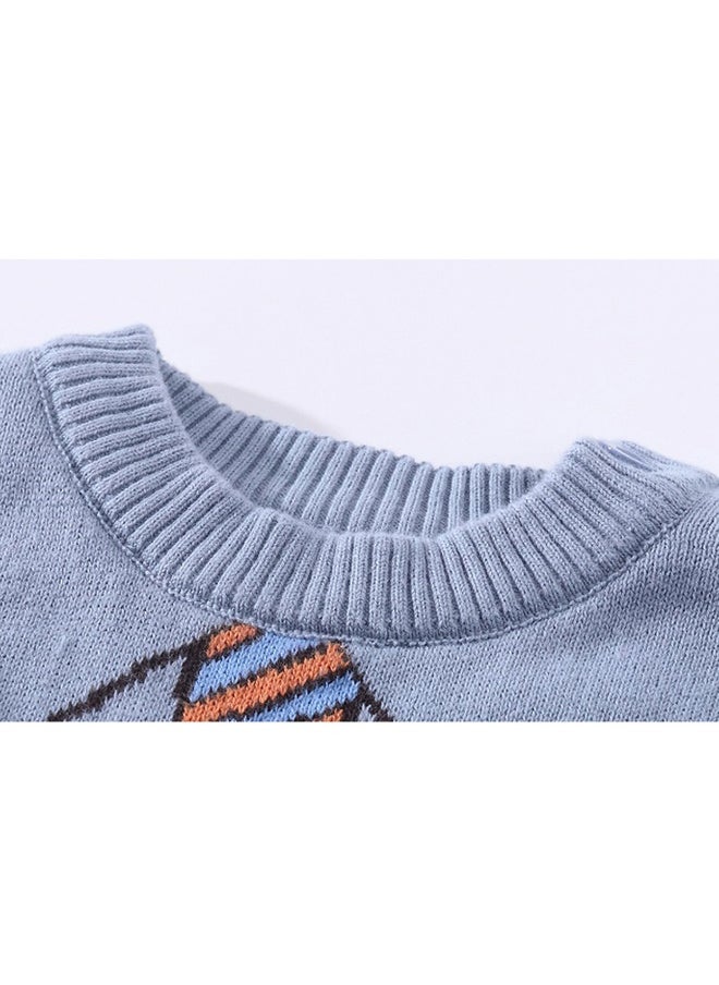 Light Blue, Little Man Tie Print Kids Cardigan Sweater, Round Neck