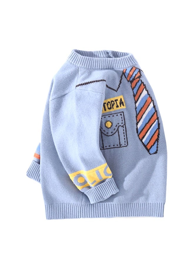 Light Blue, Little Man Tie Print Kids Cardigan Sweater, Round Neck