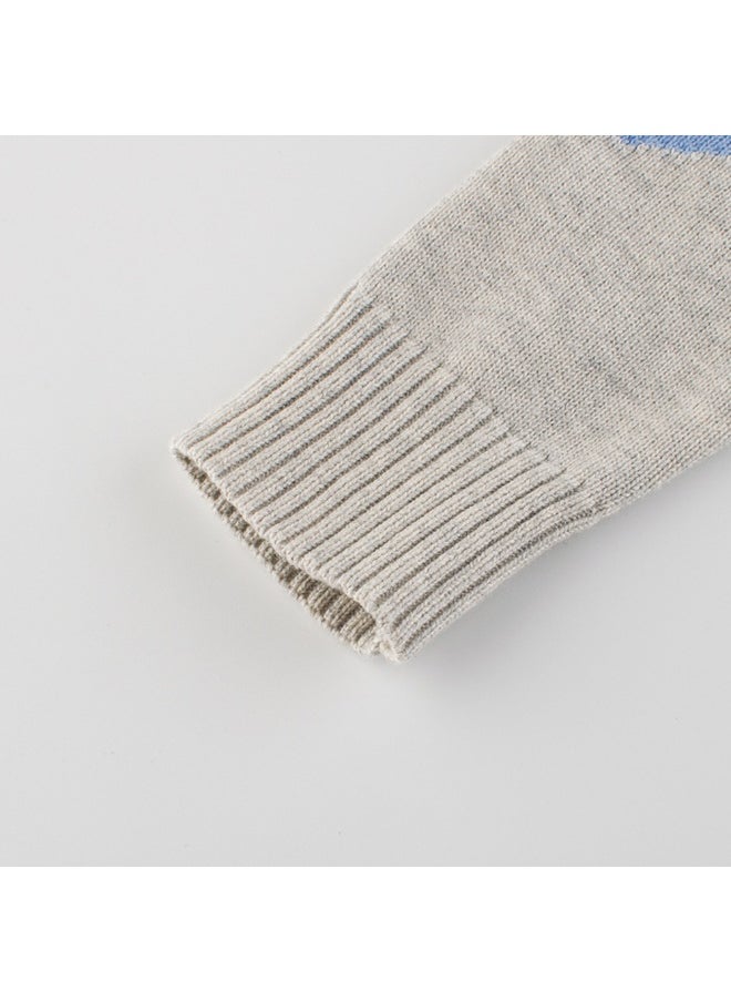 Kids Grey & Light Blue Dino Cardigan Sweater with 3d Tail Applique