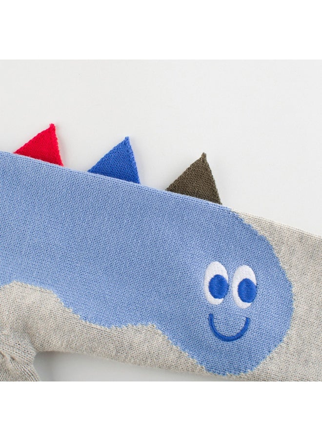 Kids Grey & Light Blue Dino Cardigan Sweater with 3d Tail Applique