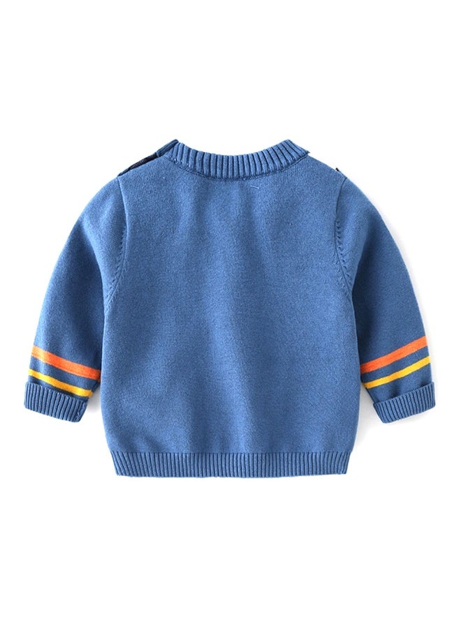 Blue, Little Man Bow Print Kids Cardigan Sweater, Round Neck
