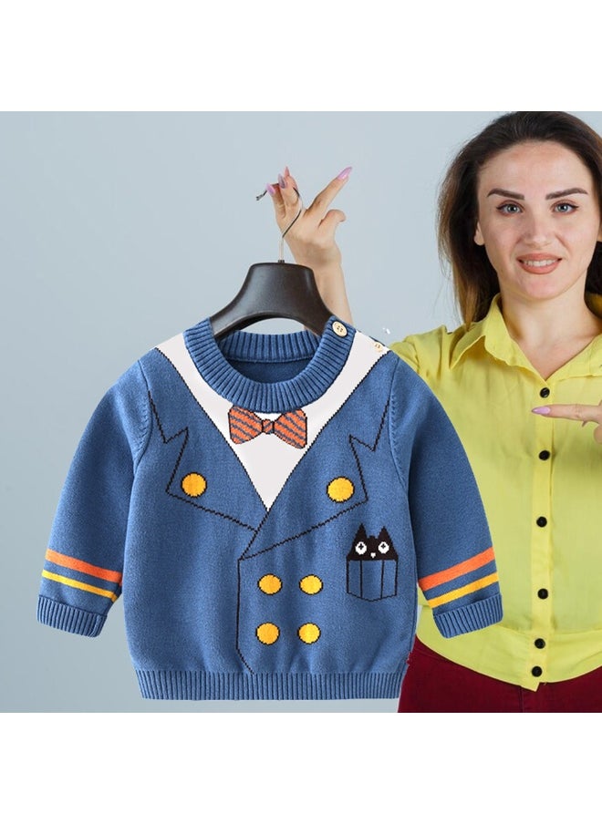 Blue, Little Man Bow Print Kids Cardigan Sweater, Round Neck