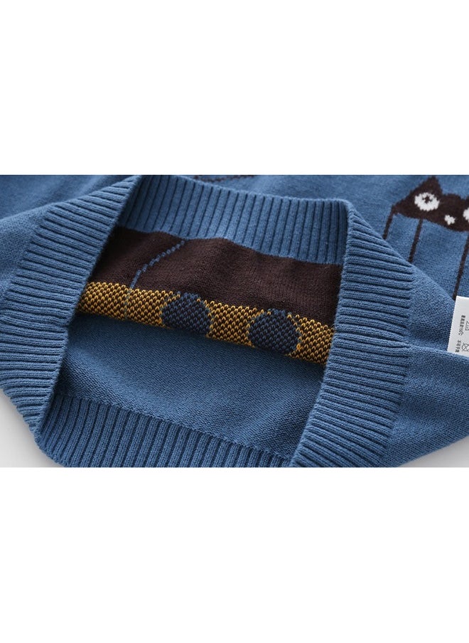 Blue, Little Man Bow Print Kids Cardigan Sweater, Round Neck