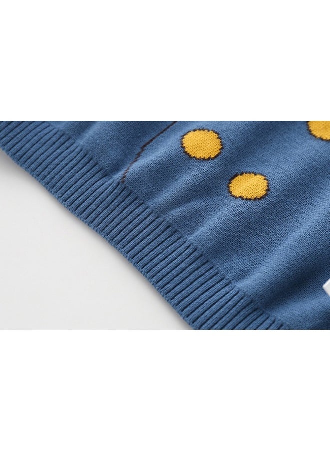 Blue, Little Man Bow Print Kids Cardigan Sweater, Round Neck
