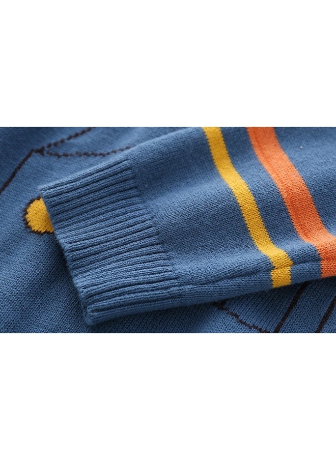 Blue, Little Man Bow Print Kids Cardigan Sweater, Round Neck