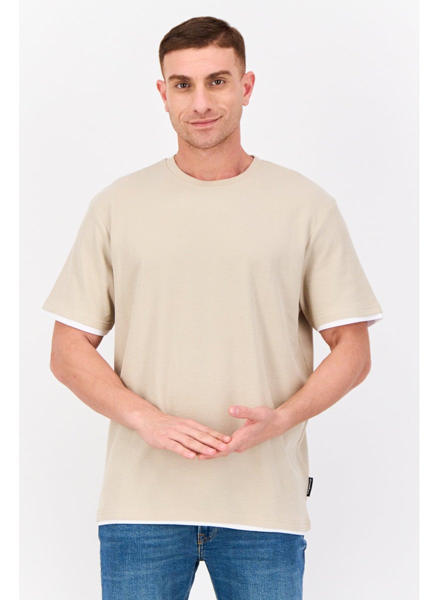 Men Crew Neck Short Sleeve Plain T Shirt, Beige