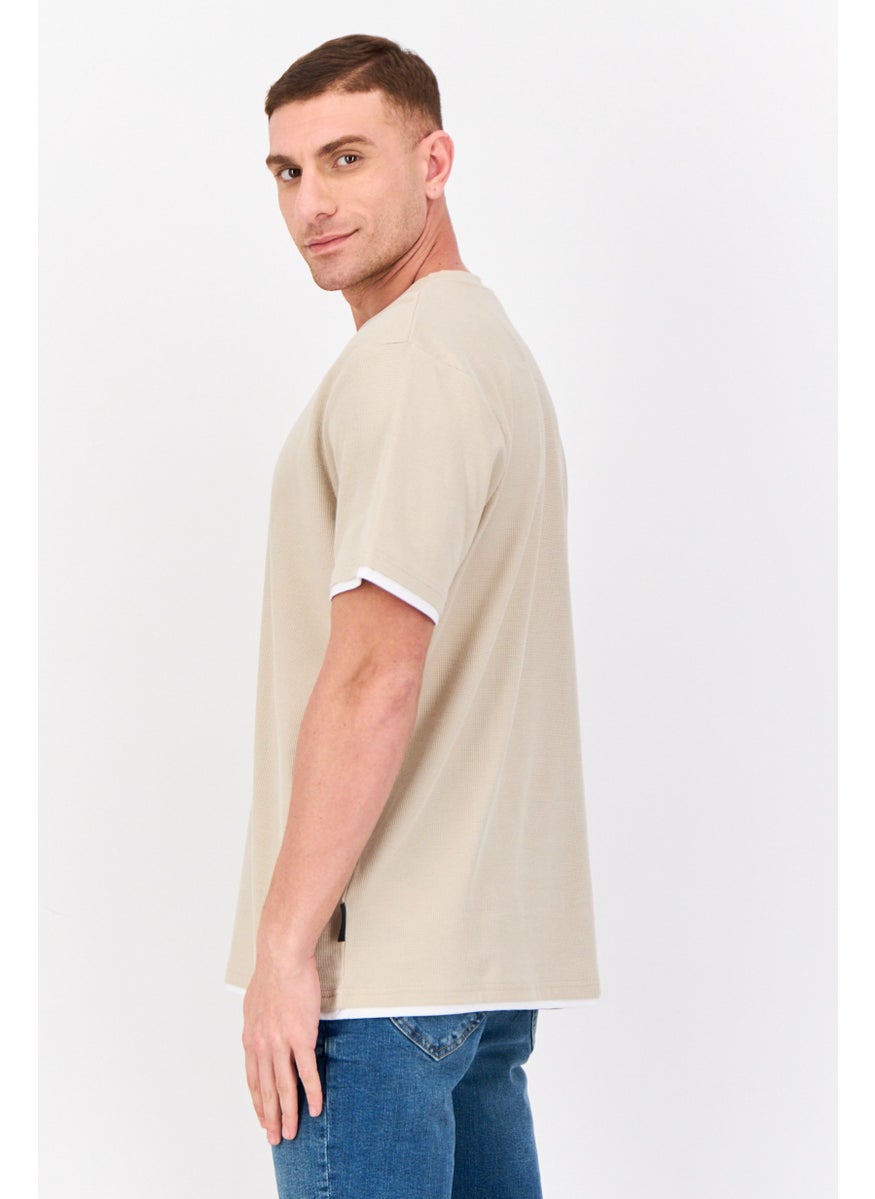 Men Crew Neck Short Sleeve Plain T Shirt, Beige