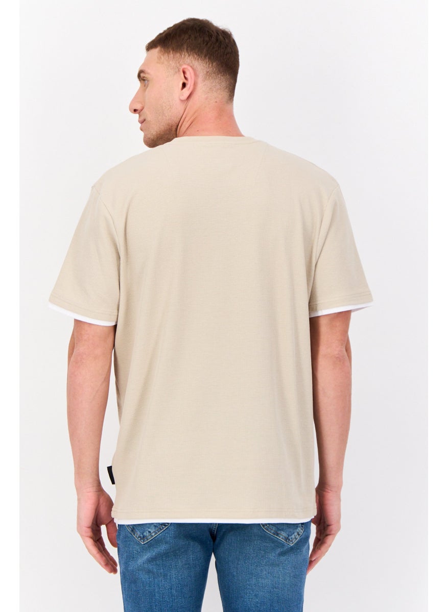 Men Crew Neck Short Sleeve Plain T Shirt, Beige
