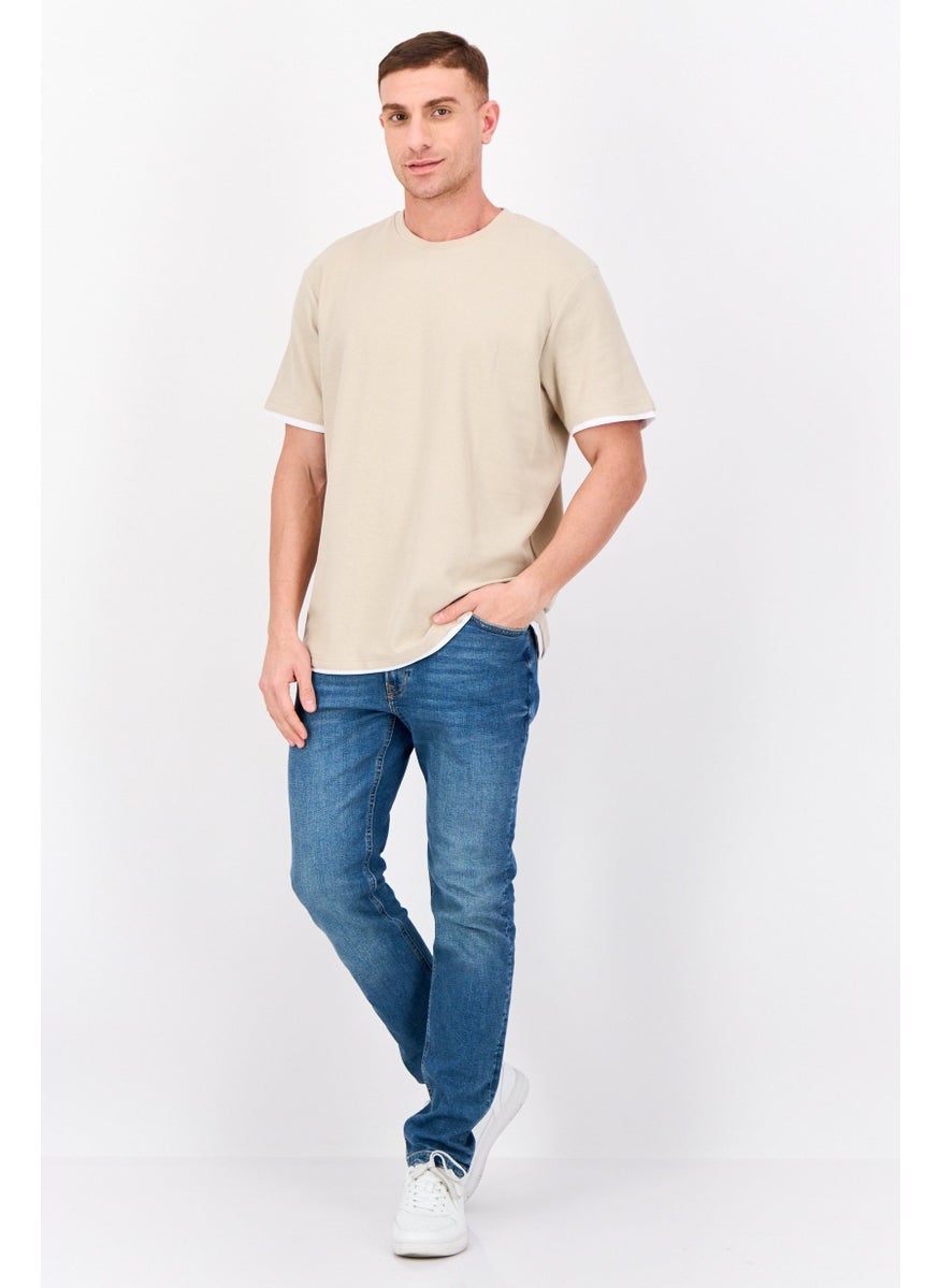 Men Crew Neck Short Sleeve Plain T Shirt, Beige
