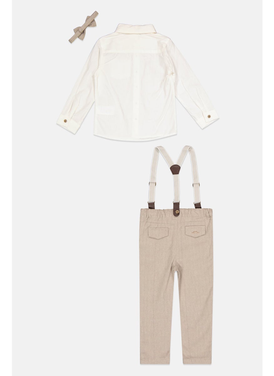 Toddlers Boy 4 Pieces Shirt With Bowtie And Bottom With Braces Set, White/Grey