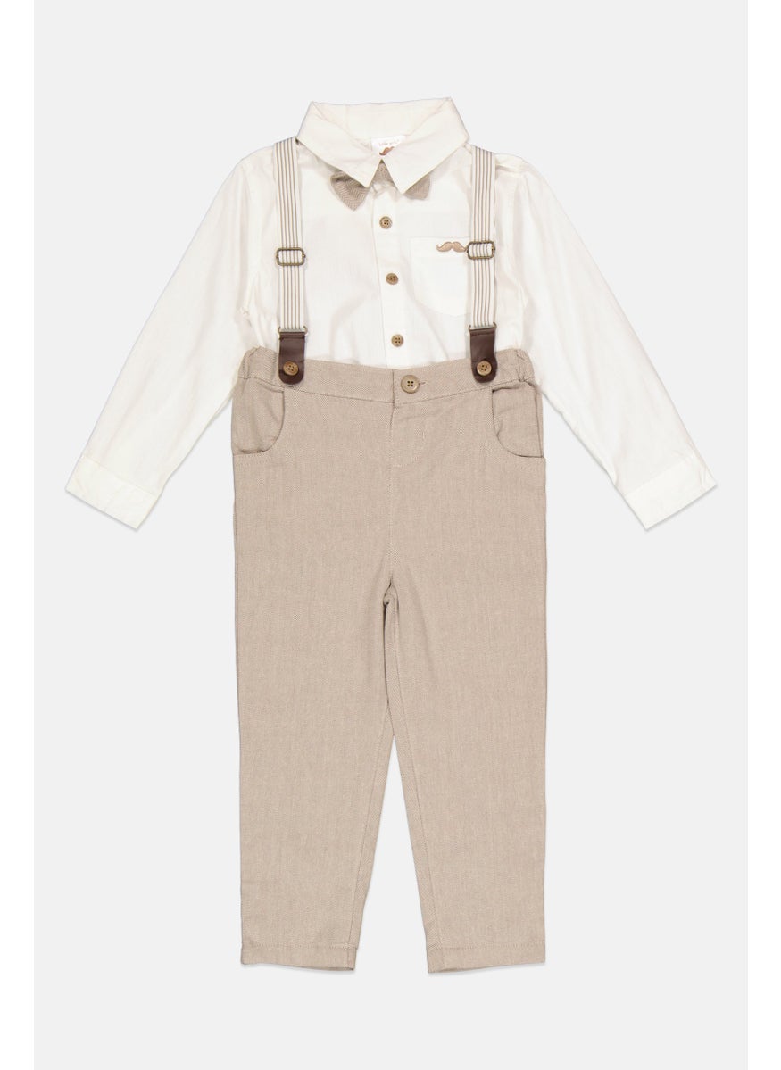 Toddlers Boy 4 Pieces Shirt With Bowtie And Bottom With Braces Set, White/Grey