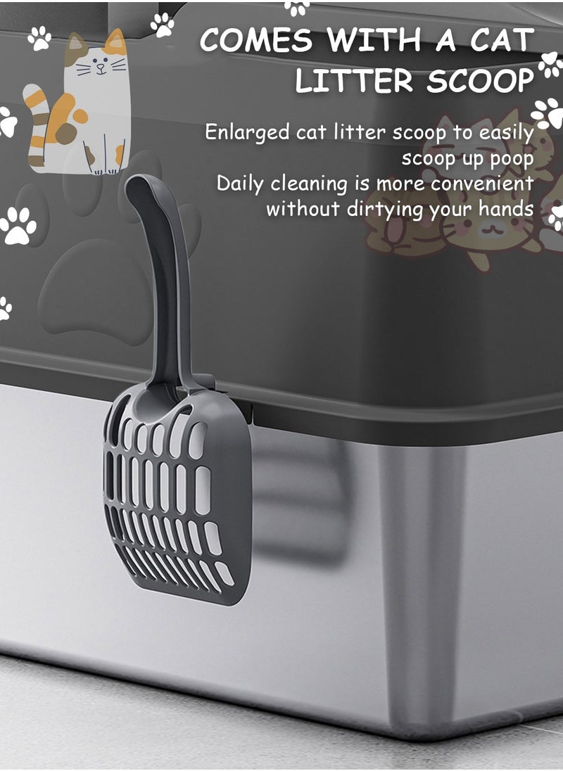 Large Stainless Steel Cat Litter Box with Litter Scoop Cat Toilet Cat Litter Tray High Wall Side Shell Non-Sticky Anti Splashing and Easy Clean