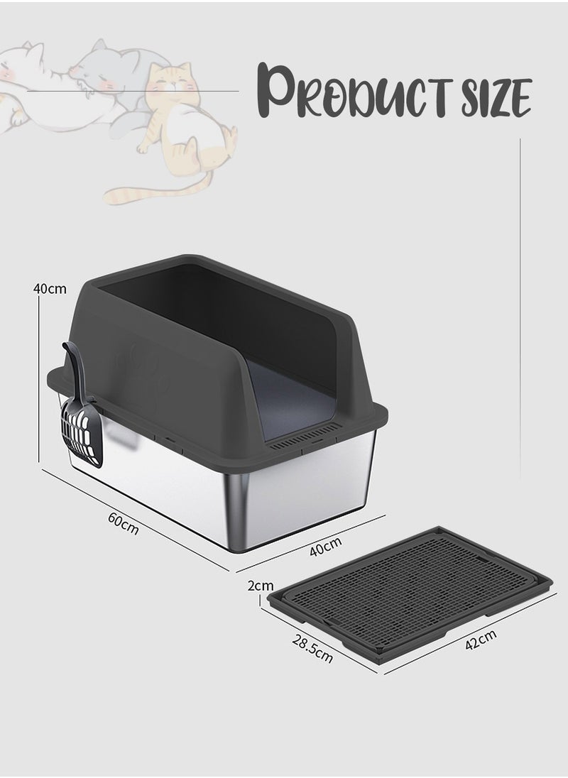 Large Stainless Steel Cat Litter Box with Litter Scoop Cat Toilet Cat Litter Tray High Wall Side Shell Non-Sticky Anti Splashing and Easy Clean