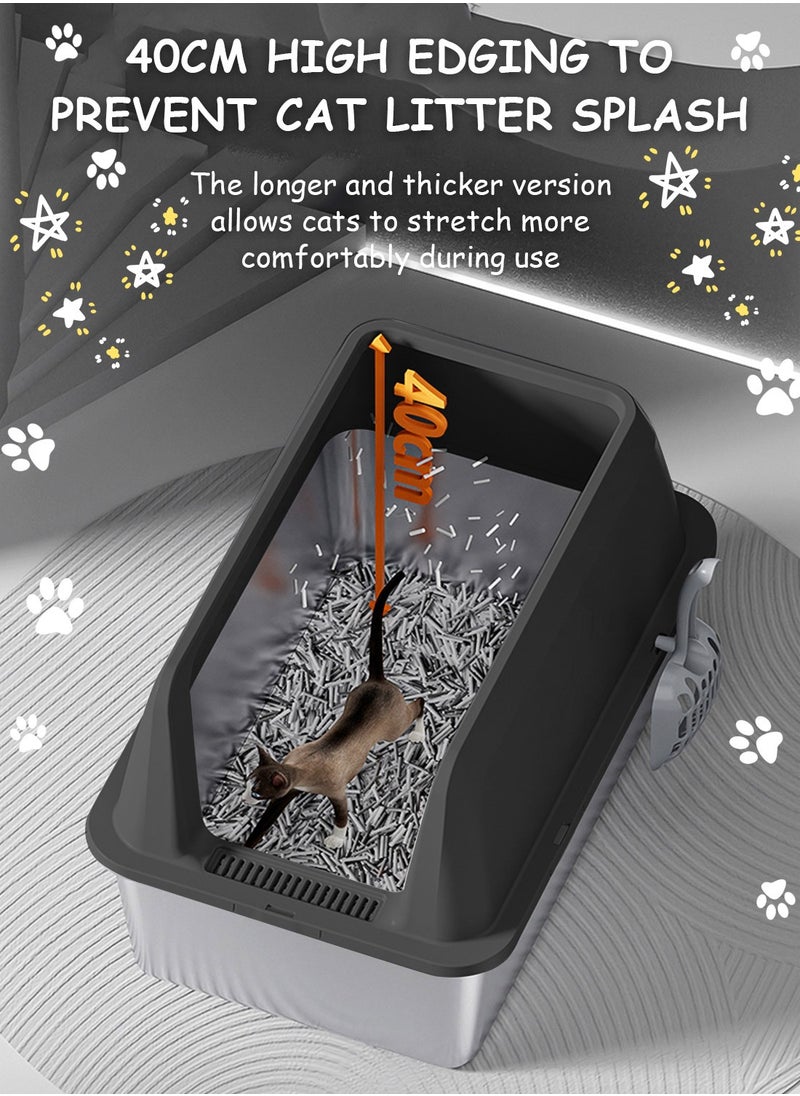 Large Stainless Steel Cat Litter Box with Litter Scoop Cat Toilet Cat Litter Tray High Wall Side Shell Non-Sticky Anti Splashing and Easy Clean