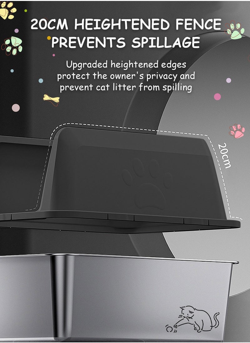 Large Stainless Steel Cat Litter Box with Litter Scoop Cat Toilet Cat Litter Tray High Wall Side Shell Non-Sticky Anti Splashing and Easy Clean