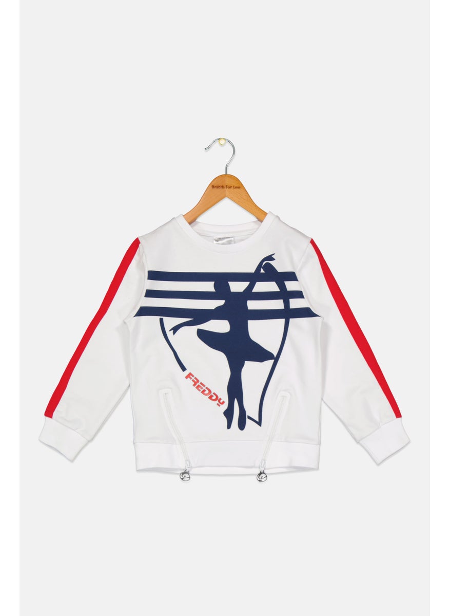 Kids Girl Crew Neck Graphic Printed Long Sleeves Sweatshirt, White Combo