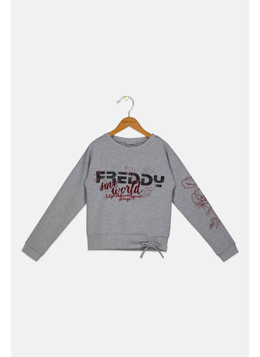 Kids Girl Crew Neck Brand Logo Sweatshirt, Grey