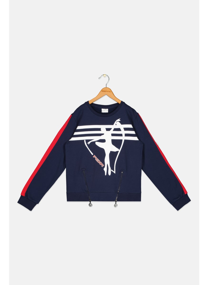 Kids Girl Crew Neck Graphic Print Long Sleeves Sweatshirt, Navy