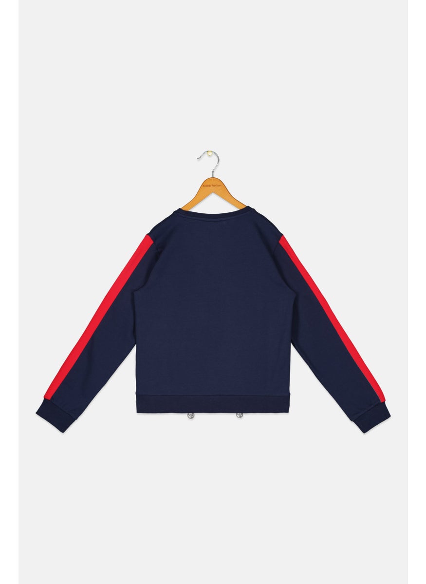 Kids Girl Crew Neck Graphic Print Long Sleeves Sweatshirt, Navy