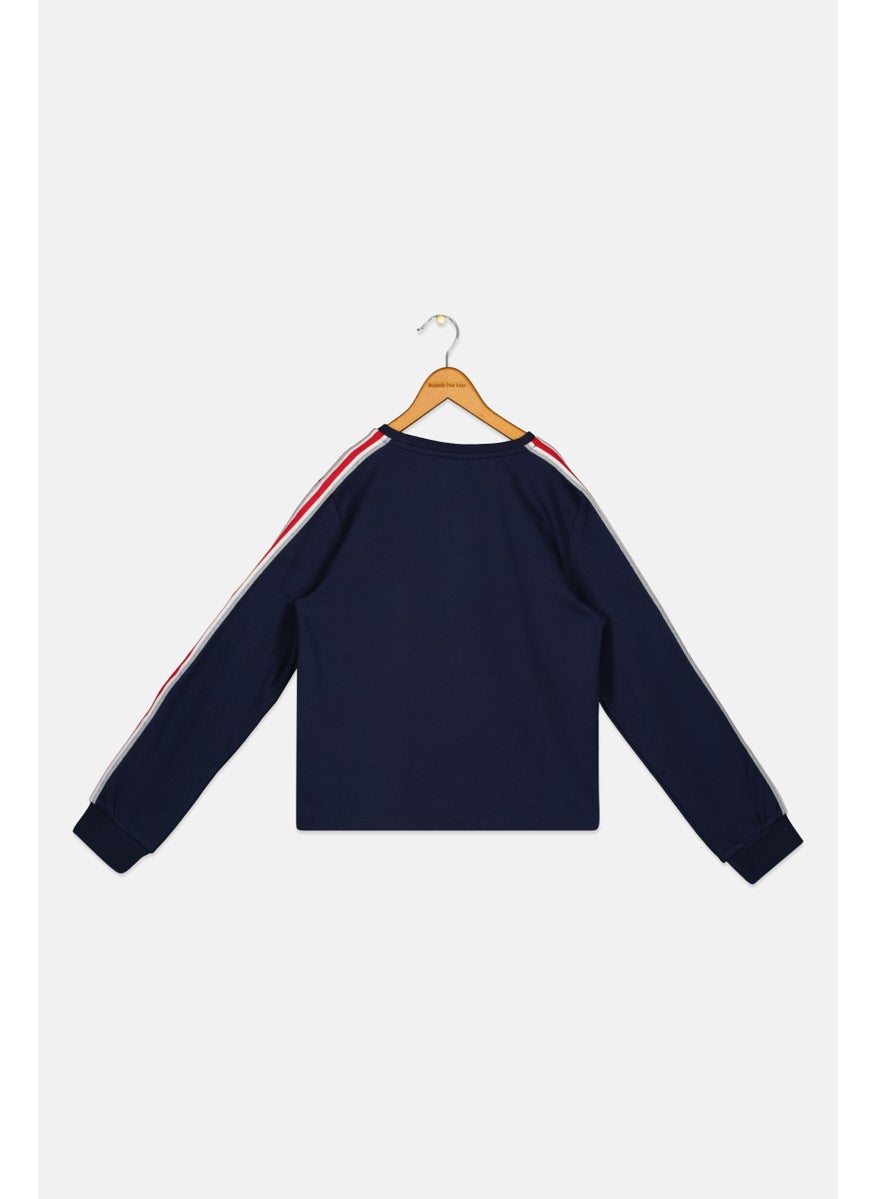 Kids Girl Round Neck Long Sleeve Brand Logo Sweatshirt, Navy Combo