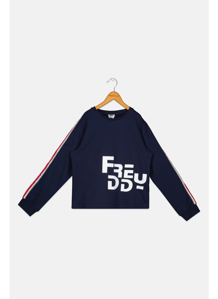 Kids Girl Round Neck Long Sleeve Brand Logo Sweatshirt, Navy Combo