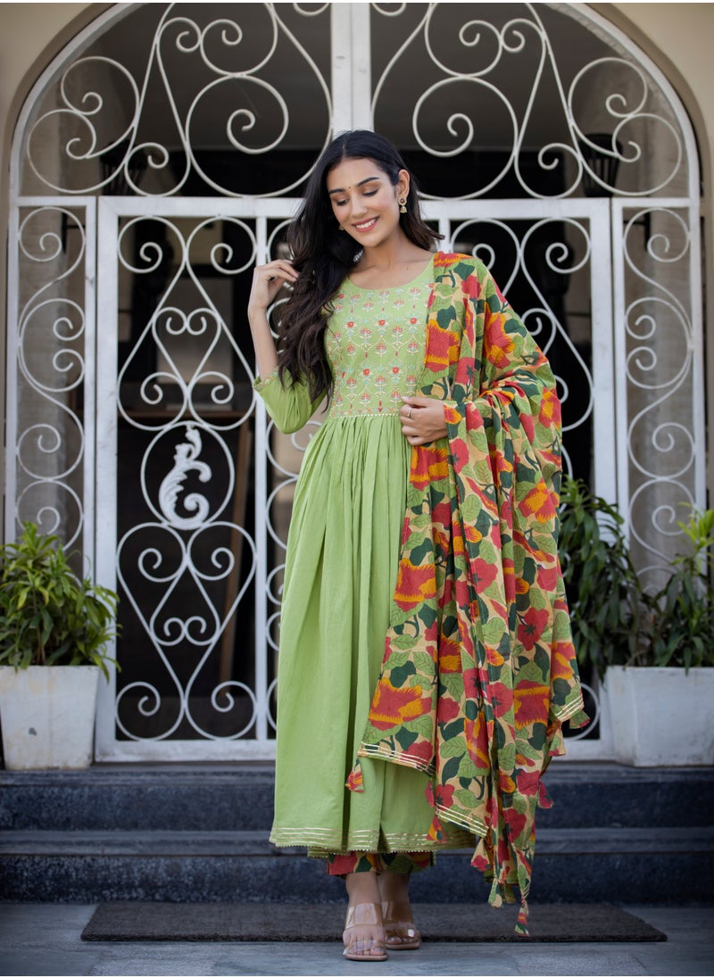 Embroidered Green Cotton Suit Set with Dupatta