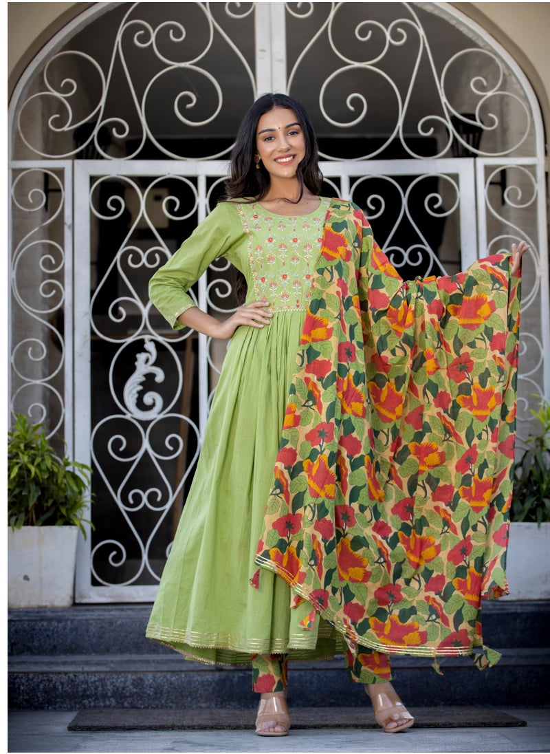 Embroidered Green Cotton Suit Set with Dupatta