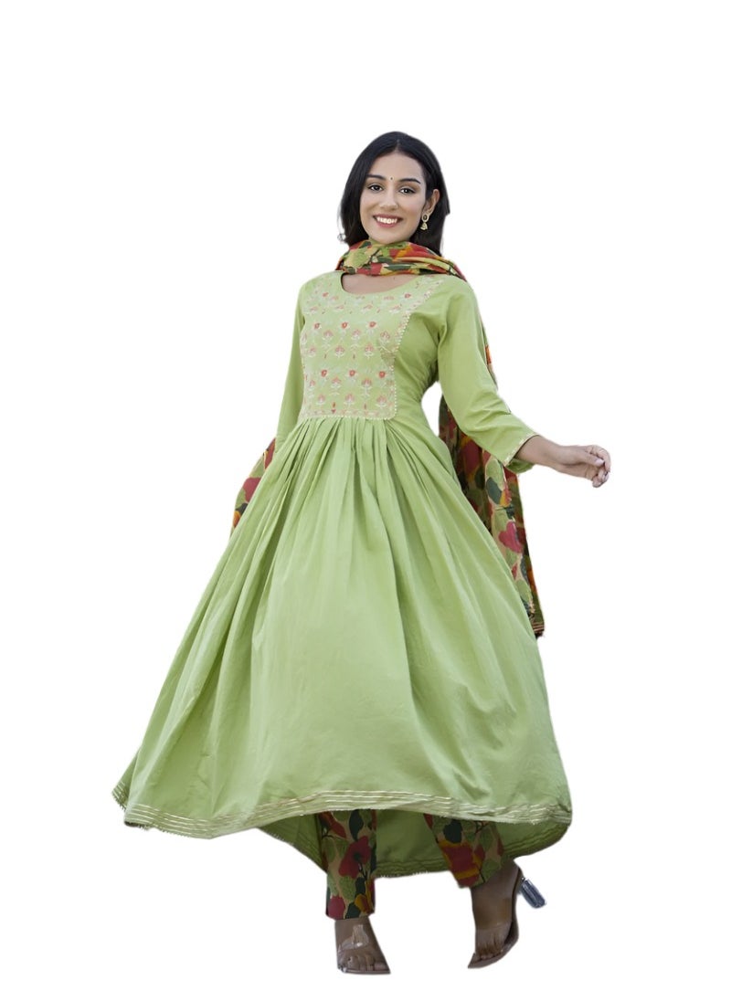 Embroidered Green Cotton Suit Set with Dupatta