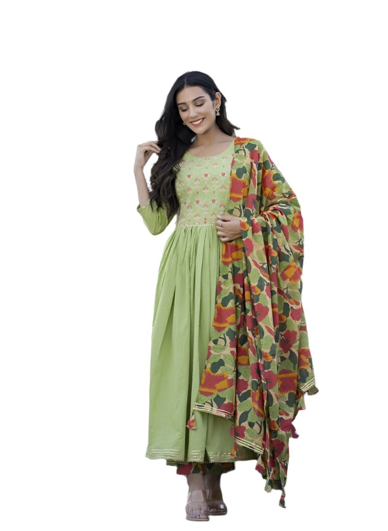 Embroidered Green Cotton Suit Set with Dupatta