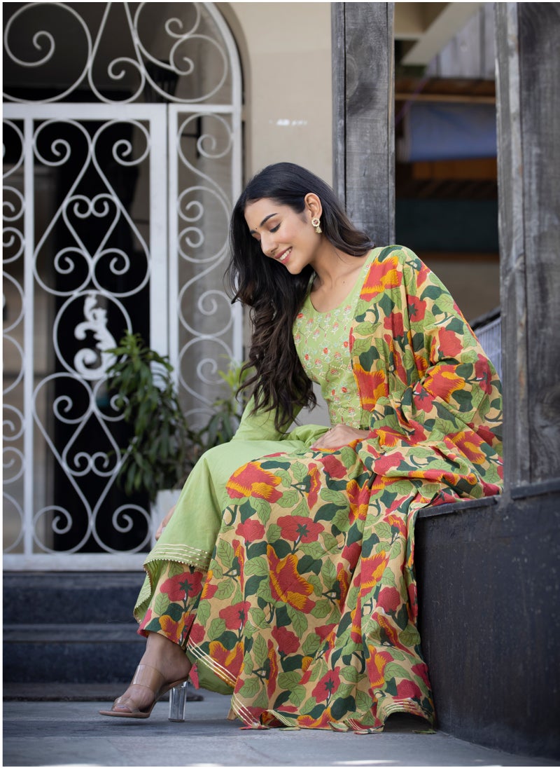 Embroidered Green Cotton Suit Set with Dupatta