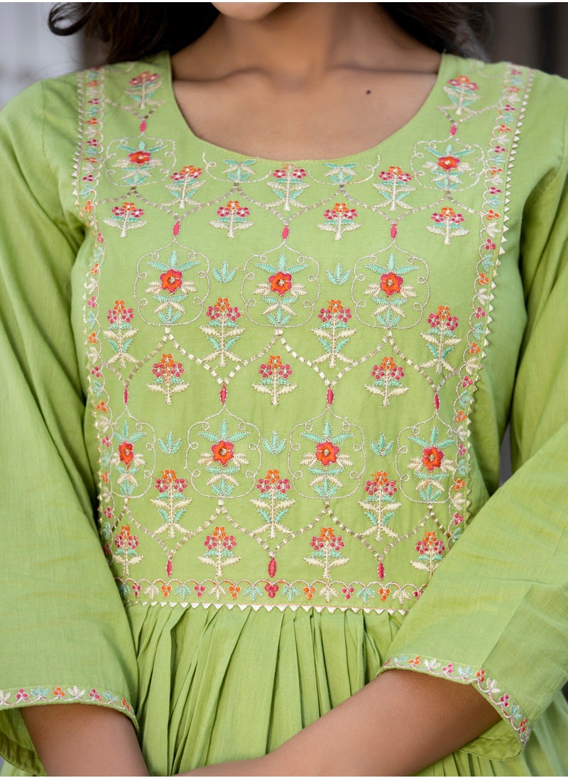 Embroidered Green Cotton Suit Set with Dupatta