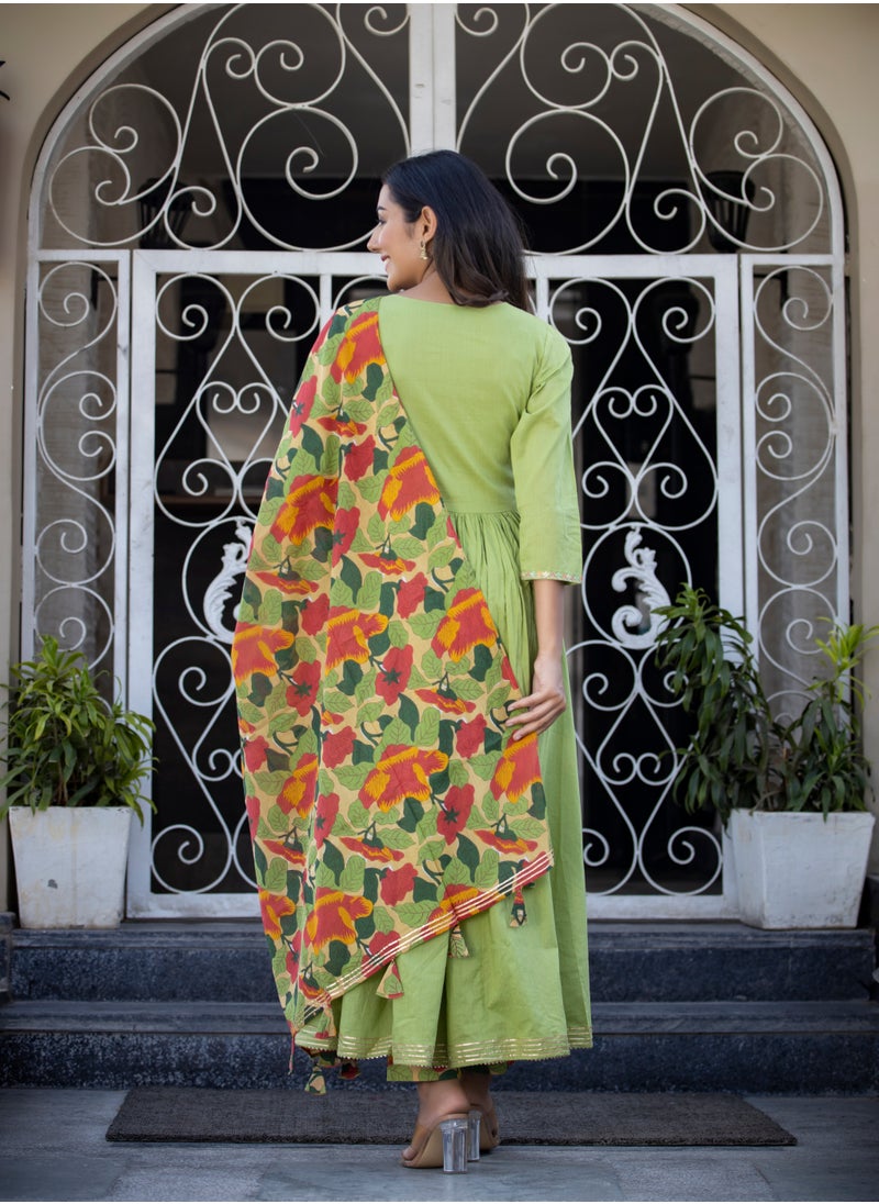 Embroidered Green Cotton Suit Set with Dupatta
