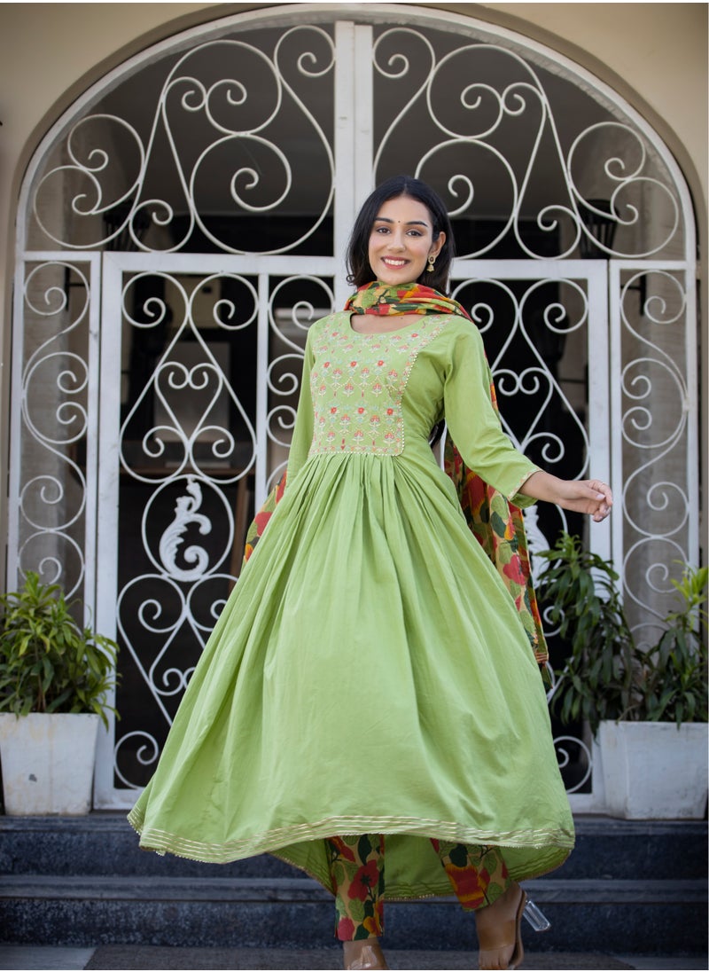 Embroidered Green Cotton Suit Set with Dupatta