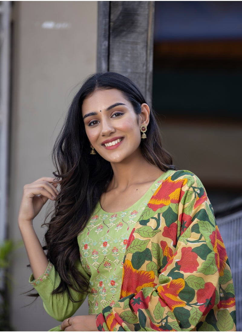 Embroidered Green Cotton Suit Set with Dupatta