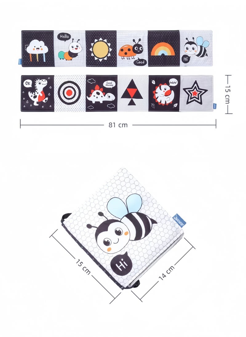 Foldable Soft Cloth Book Crib Toy High Contrast Baby Books Early Educational Montessori Sensory Toys for Babies Toddlers 0-12 Months