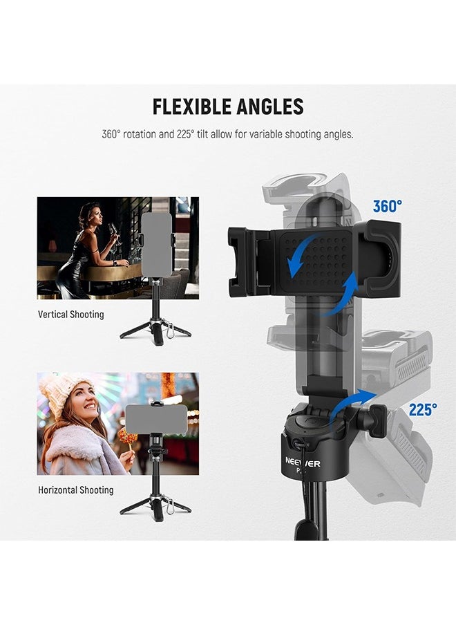 NEEWER Selfie Stick with Detachable Bluetooth Remote Shutter, Lightweight Foldable Travel Tripod for iPhone, 360° Phone Holder Cold Shoe for YouTube/TikTok Vlogs Live Streaming Photography, Black