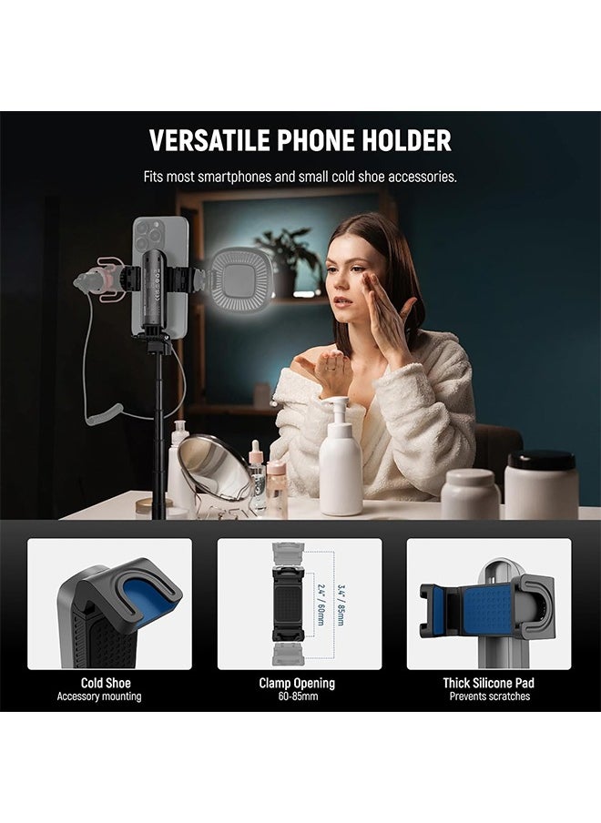 NEEWER Selfie Stick with Detachable Bluetooth Remote Shutter, Lightweight Foldable Travel Tripod for iPhone, 360° Phone Holder Cold Shoe for YouTube/TikTok Vlogs Live Streaming Photography, Black