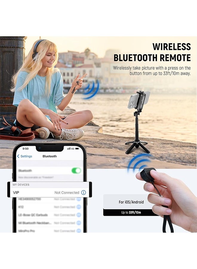 NEEWER Selfie Stick with Detachable Bluetooth Remote Shutter, Lightweight Foldable Travel Tripod for iPhone, 360° Phone Holder Cold Shoe for YouTube/TikTok Vlogs Live Streaming Photography, Black
