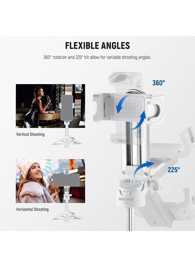 NEEWER Selfie Stick with Detachable Bluetooth Remote Shutter, Lightweight Foldable Travel Tripod for iPhone, 360° Phone Holder Cold Shoe for YouTube/TikTok Vlogs Live Streaming Photography, White