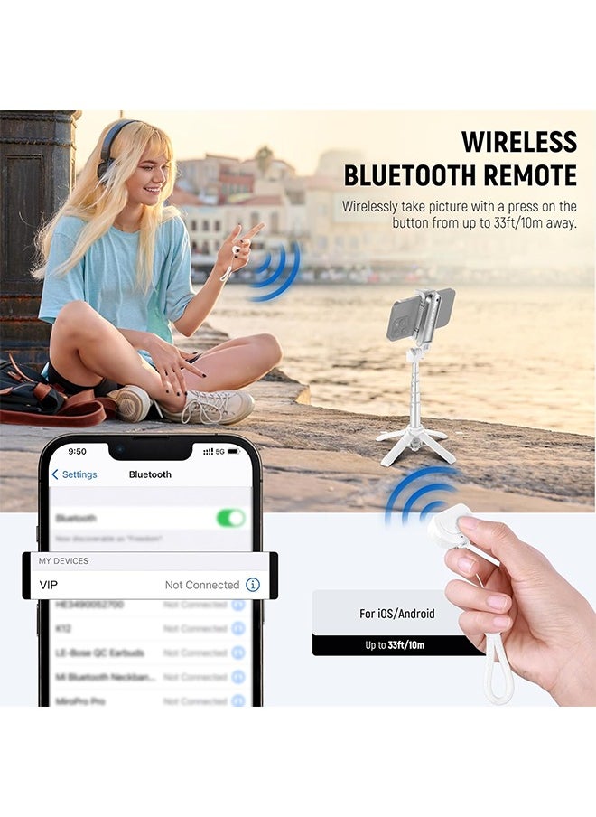 NEEWER Selfie Stick with Detachable Bluetooth Remote Shutter, Lightweight Foldable Travel Tripod for iPhone, 360° Phone Holder Cold Shoe for YouTube/TikTok Vlogs Live Streaming Photography, White