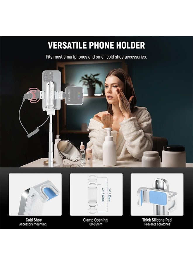 NEEWER Selfie Stick with Detachable Bluetooth Remote Shutter, Lightweight Foldable Travel Tripod for iPhone, 360° Phone Holder Cold Shoe for YouTube/TikTok Vlogs Live Streaming Photography, White