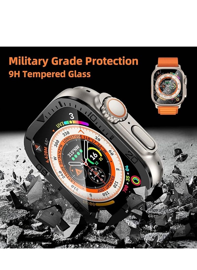 Rugged Metal Case, Compatible with Apple Watch Ultra 49mm Case with Tempered Glass Screen Protector, Bezel Ring Frame Built in Clear Film for iWatch Ultra 49mm, 2 Pack, Black