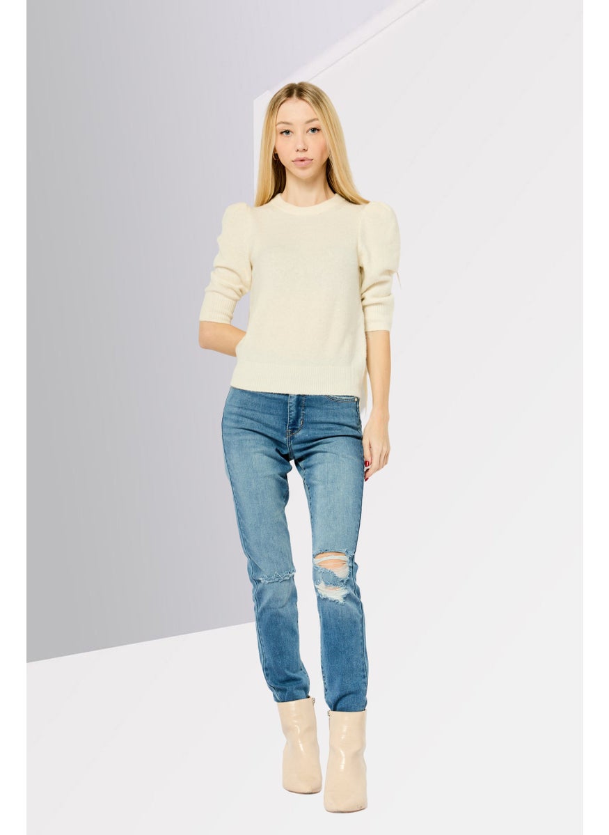 Women Crew Neck Knitted Sweater, Off White