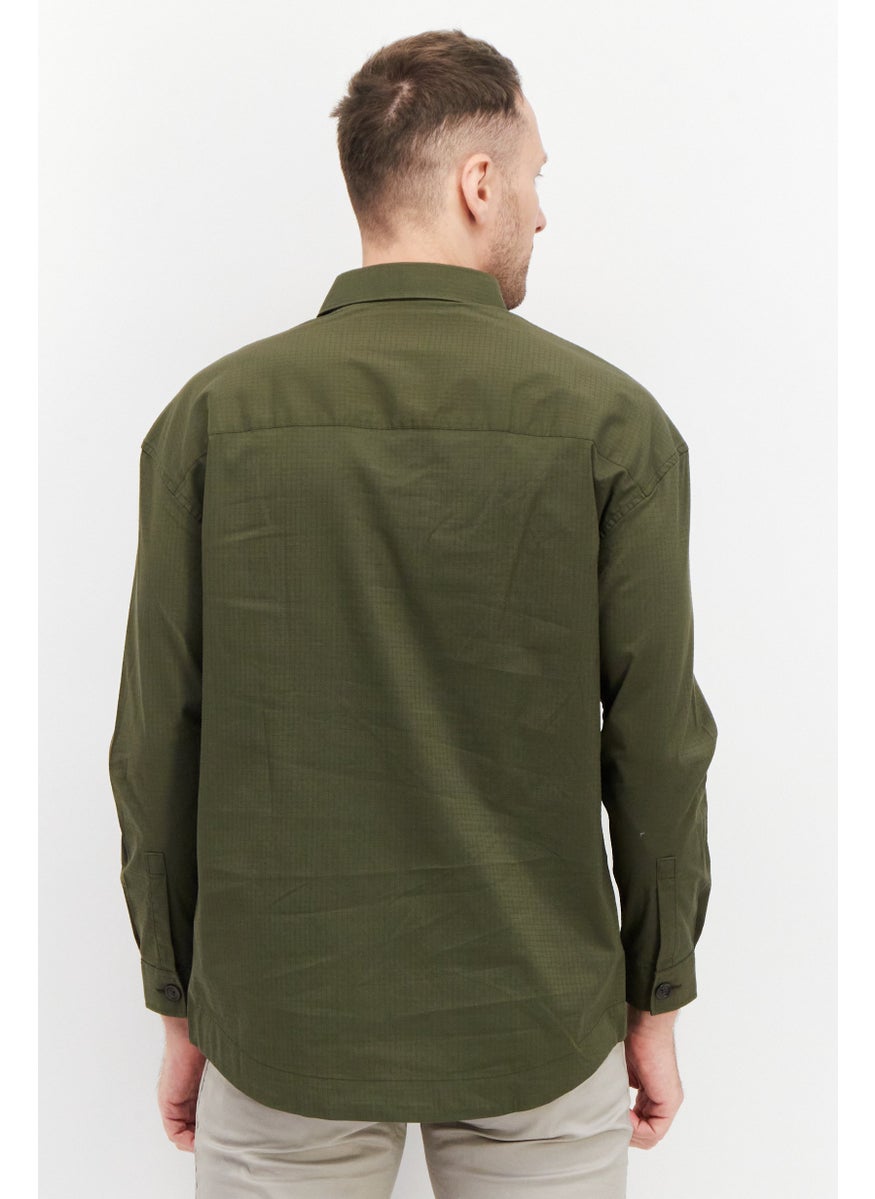 Men Regular Fit Long Sleeves Textured Casual Shirt, Army Green