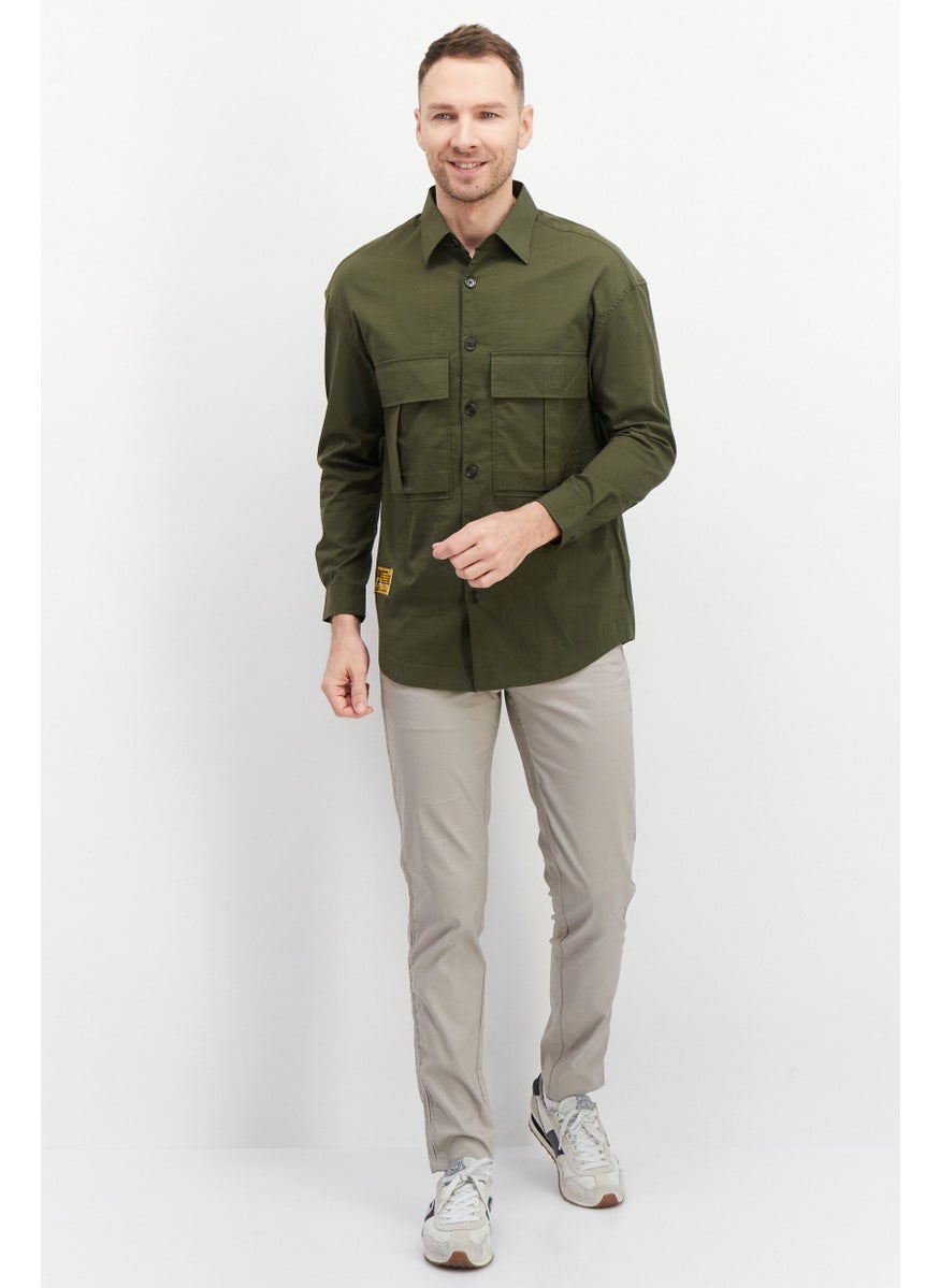 Men Regular Fit Long Sleeves Textured Casual Shirt, Army Green